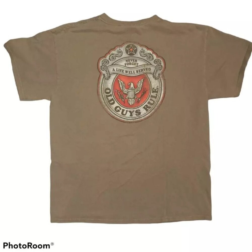 Old Guys Rule Mens Graphic T-Shirt Brown White Spell Out Crew Neck 100% Cotton L